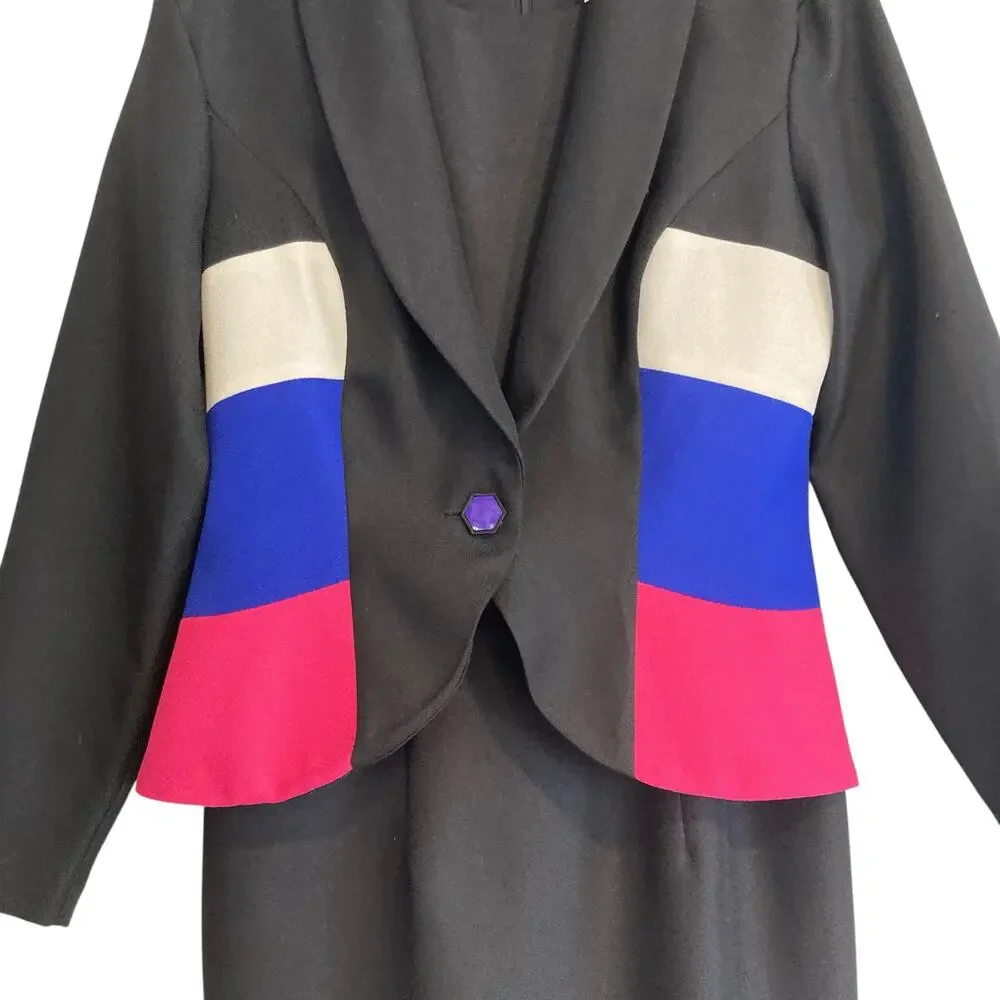 Vintage 80s Leslie Lucks Black Blue Stripe Button Blazer Sheath Dress Set Sz 10 - Picture 5 of 16